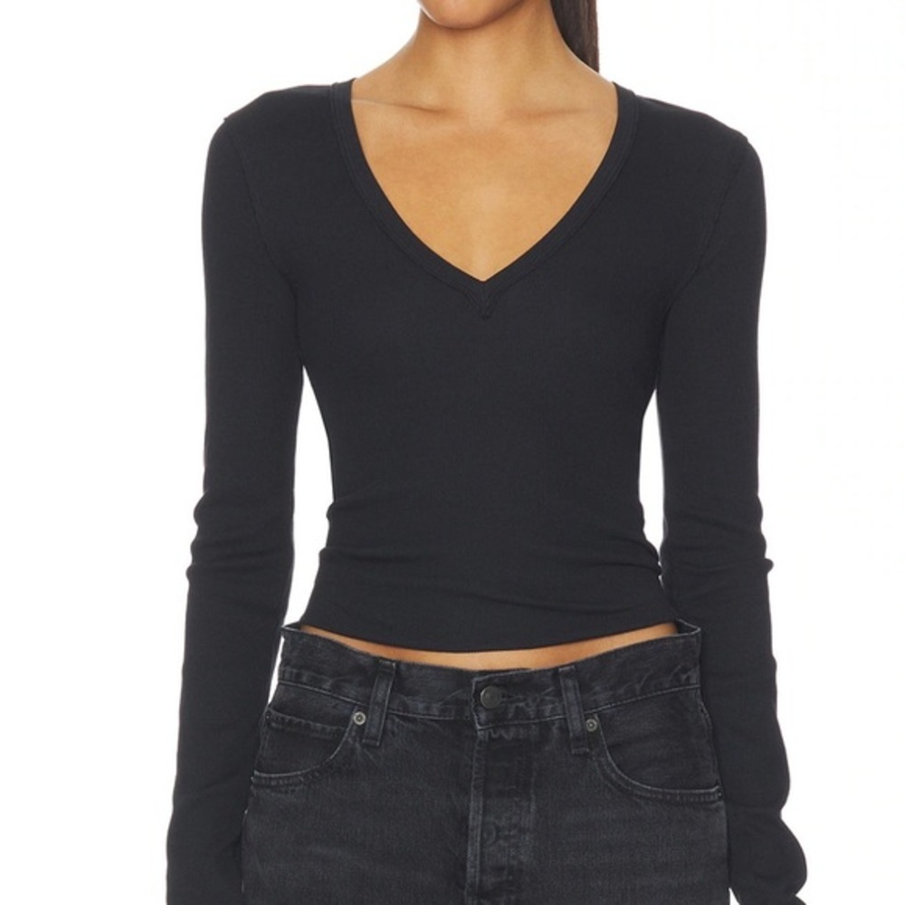 Free People Black Long Sleeve V-Neck Top Size Xsmall